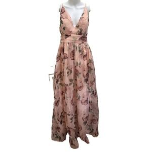 Lulus 2X Floral Maxi Dress Pink Rose Chiffon Sleeveless V neck Cotttage Coquette